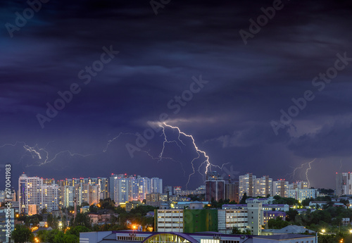 Night evening storm lightnings panorama Kiev Ukraine city