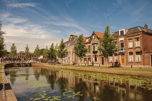 Canal with aquatic plants, brick houses and bridge in Weesp