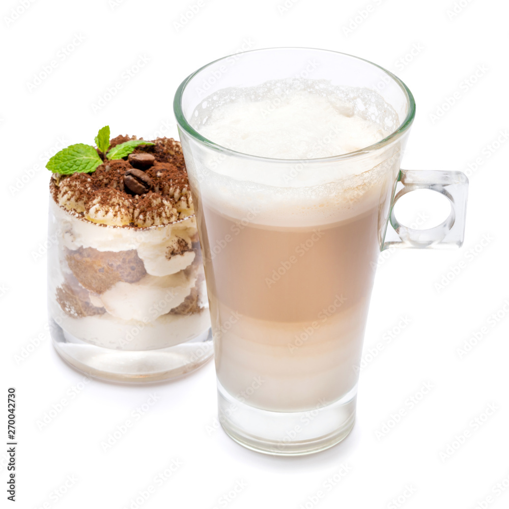 Classic tiramisu dessert in a glass and cup of coffee isolated on a white background with clipping path Classic tiramisu dessert in a glass and cup of coffee isolated on a white background with clipping path