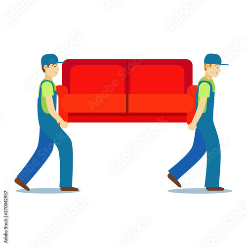 Cartoon Characters Two Porters Carry Sofa. Vector