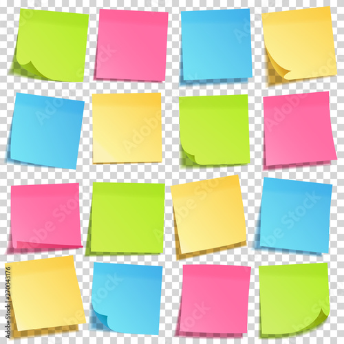 Realistic sticky note with shadow. Yellow paper set. Message on notepaper. Reminder. Vector illustration.