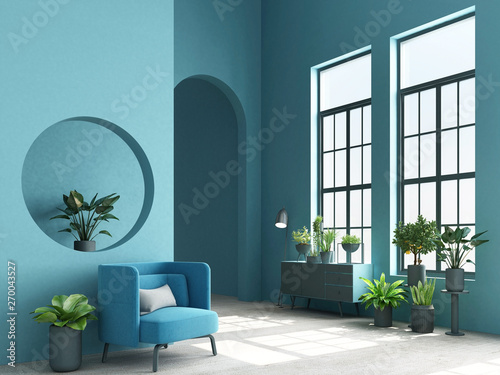 Fototapeta Naklejka Na Ścianę i Meble -  Interior concept of memphis design colorful, Armchair with console and plant. 3d render