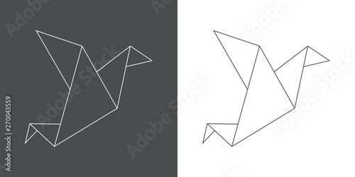 Icono plano lineal pájaro origami en gris y blanco