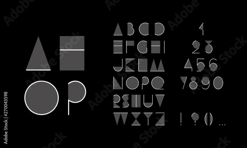 Abstract font. Vector abstract alphabet. Minimalist alphabet. Font design. Abc design. Geometric abstract technology font. Futuristic alphabet for logotype. Design letters and numbers logo. 