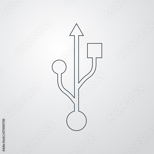 Icono plano lineal puerto USB en fondo gris