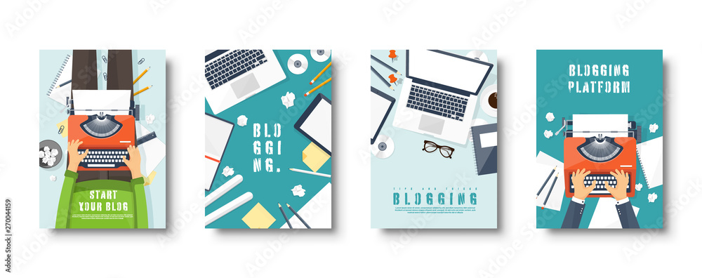 Blogging flat style covers set. Create your blog, vlog. Typewriter with hands. Vector illustration.