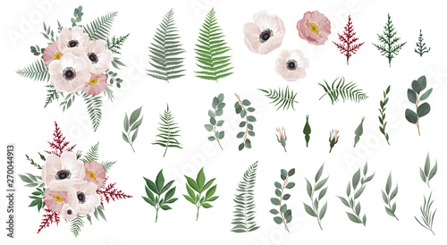 Set of floral branch. Anemones, pink rose, green leaves. Floral poster, invite. Set leaves, flowers,branches, herbs and other natural elements.