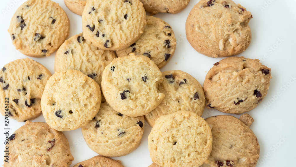 Chocolate chip cookie top view on white Chocolate chip cookie top view on white