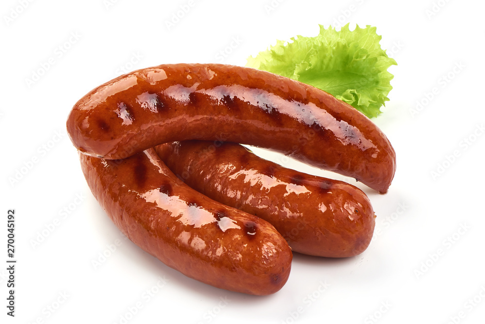 Grilled pork sausages with lettuce, close-up, isolated on white background Grilled pork sausages with lettuce, close-up, isolated on white background