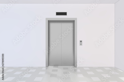 Closed chrome metal office building elevator doors. 3d rendering