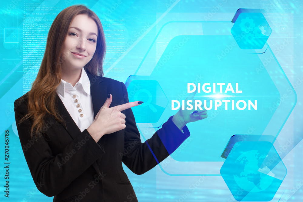 The concept of business, technology, the Internet and the network. A young entrepreneur working on a virtual screen of the future and sees the inscription: digital disruption The concept of business, technology, the Internet and the network. A young entrepreneur working on a virtual screen of the future and sees the inscription: digital disruption