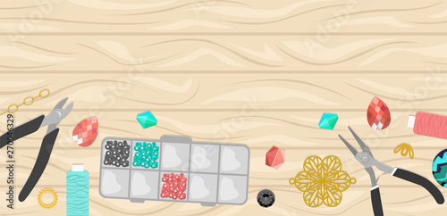Background with tools and materials for handmade jewelry. Beads, accessories, rhinestones. Creation of handmade jewelry