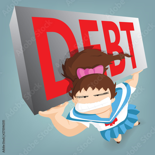 Student girl with heavy stone full of debt carrying it up