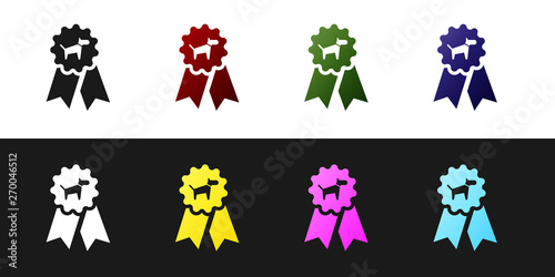 Set Dog award symbol icon isolated on black and white background. Medal with dog footprint as pets exhibition winner concept. Vector Illustration