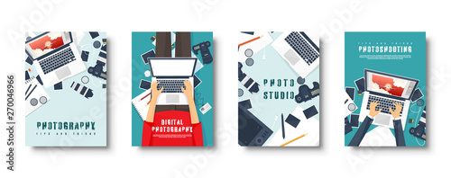 Flat style covers set. Photographer equipment on a table. Photography tools, photo editing.  Digital photocamera with lens. Vector illustration.