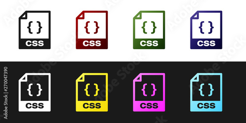 Set CSS file document icon. Download css button icon isolated on black and white background. CSS file symbol. Vector Illustration