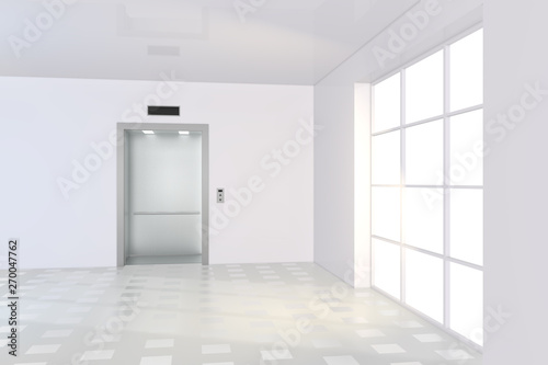 Large window with light on floor near of empty elevator cabin. 3d rendering
