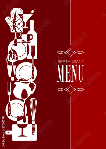 Couverture fond rouge pour un menu avec une bannière hauteur au motif d’objets de cuisine blanc.