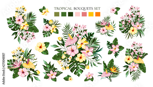 Set of tropical exotic flowers bouquets with frangipani hibiscus calla green monstera palm