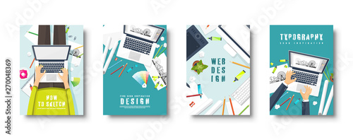 Graphic and web design. Flat style covers set. Designer workplace with tools. User interface design. UI. Digital drawing. Online tutorial. Vector illustration.