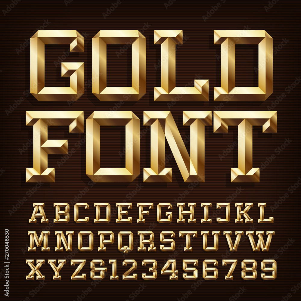 Gold alphabet font. 3d gold letters and numbers with bevel. Stock ...