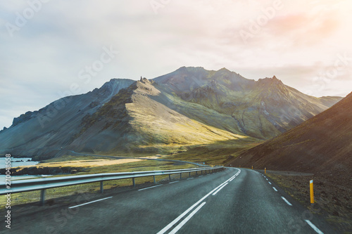 beautiful scenic asphalt road in Iceland, travel background