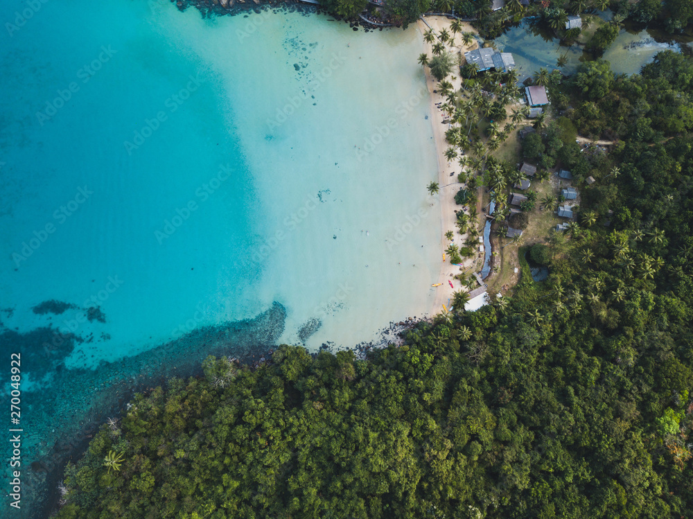 Koh Kood island, Thailand, paradise beach bay from above, aerial tropical landscape by drone