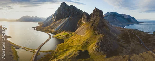 Panel kuchenny z motywem scenic road in Iceland, beautiful nature landscape aerial panorama, mountains and coast at sunset