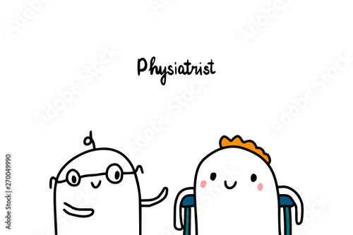 Physiatrist hand drawn vector illustration in cartoon style. Cute men with crutches