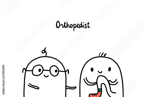 Orthopedist hand drawn vector illustration in cartoon style. Patient doctor and leg
