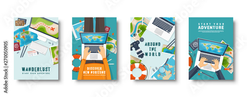 Travel and tourism flat style covers set. World, earth map navigation. Journey, summer time holidays. Travelling, exploring worldwide. Vector illustration.