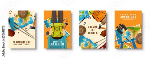 Travel and tourism flat style covers set. World, earth map navigation. Journey, summer time holidays. Travelling, exploring worldwide. Vector illustration.