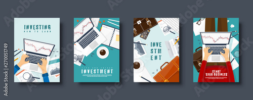Flat style covers set. Market trade. Trading platform account. Moneymaking, business. Analysis and investing. Vector illustration.