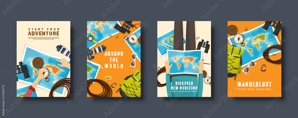 Travel and tourism flat style covers set. World, earth map navigation. Journey, summer time holidays. Travelling, exploring worldwide. Vector illustration.