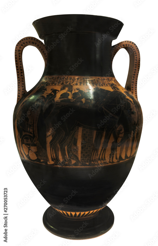antique greek amphora with black horse