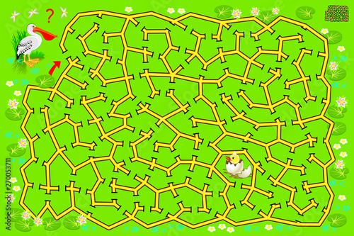 Logical puzzle game with labyrinth for children and adults. Help the pelican find the way till the egg from which has hatched his baby. Printable page for kids brainteaser book. Vector cartoon image.