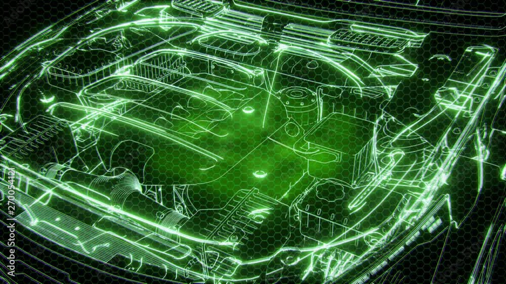 Holographic animation of 3D wireframe car model with engine and otter ...