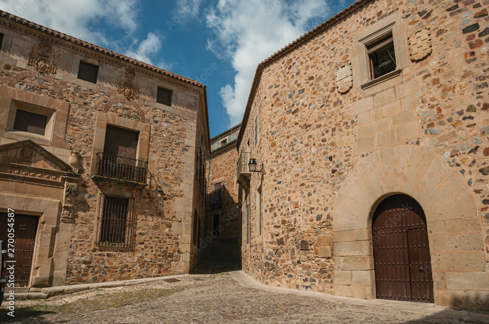 Cobblestone street with narrow alley amidst medieval buildings at Caceres