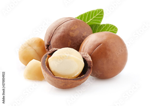 Macadamia with kernel nuts in closeup photo