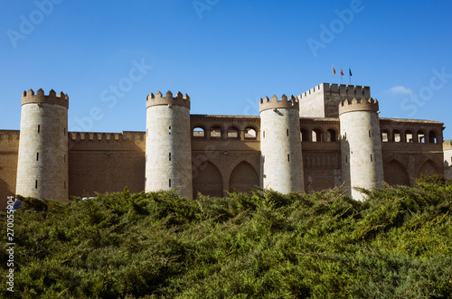 Zaragoza, Aragon, Spain - February 14th, 2019 : Walls of the Aljafería Palace Unesco World Heritage Site.