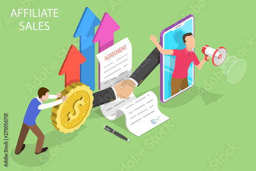 Isometric flat vector concept of affiliate sales, marketing strategy, referral program, partnership agreement.