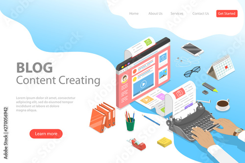 Isometric flat vector landing page tempate of creative business blogging, commercial blog posting, copywriting, content marketing strategy.
