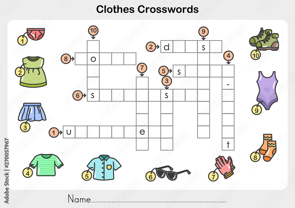 Naklejka premium Clothes Crosswords - Worksheet for education.