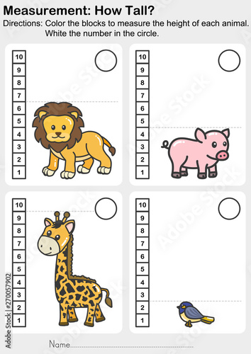 Measurement worksheet - Color the blocks to measure the height of each animal. White the number in the circle. - Worksheet for education.