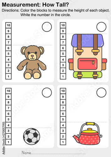 Measurement worksheet - Color the blocks to measure the height of each animal. White the number in the circle. - Worksheet for education.