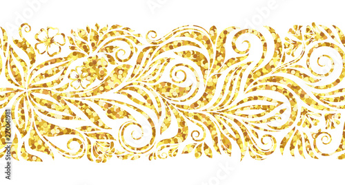 Sparkle glitter gold seamless border. Decorative swirls and flowers pattern on white background. Design for frames, tape, ribbon.