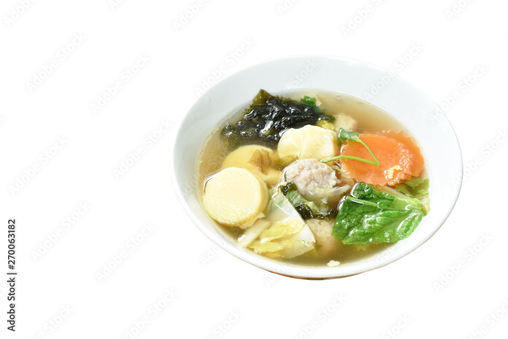 boiled egg tofu with minced pork and cabbage topping seaweed soup on bowl boiled egg tofu with minced pork and cabbage topping seaweed soup on bowl