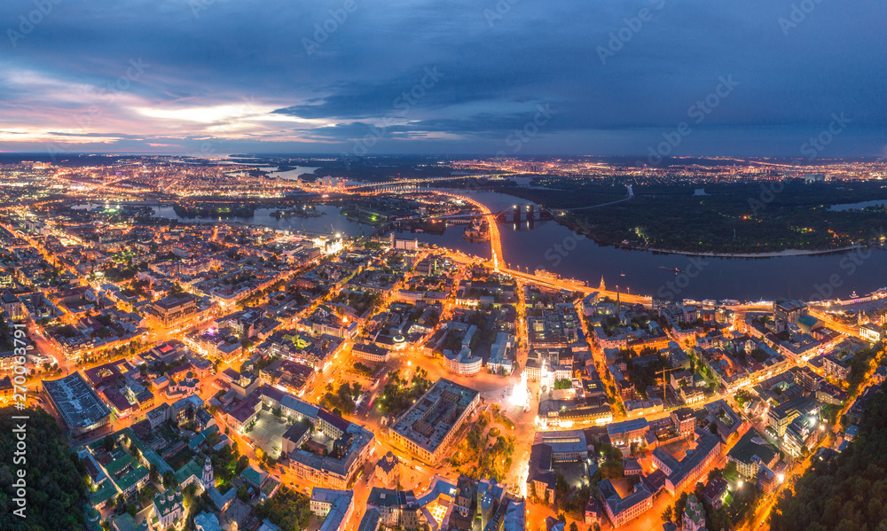 Night city of Kiev, Ukraine. Panoramic aerial view