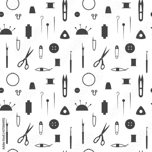 Tools for needlework, sewing and knitting. Seamless pattern of the sewing industry. Vector illustration.
