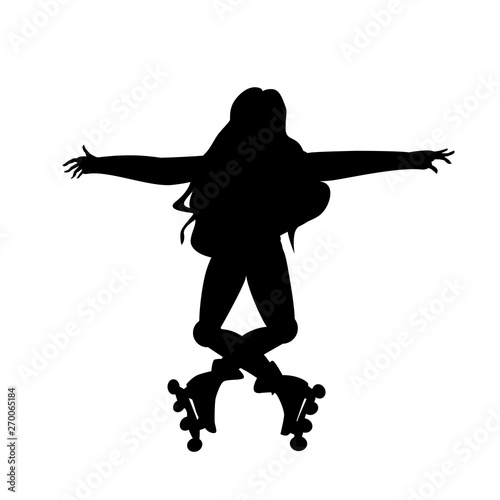 Silhouette of girl on roller skates. Girl make a stunt. Vector black and white illustration. Cutout isolated object. Sports goods elements.